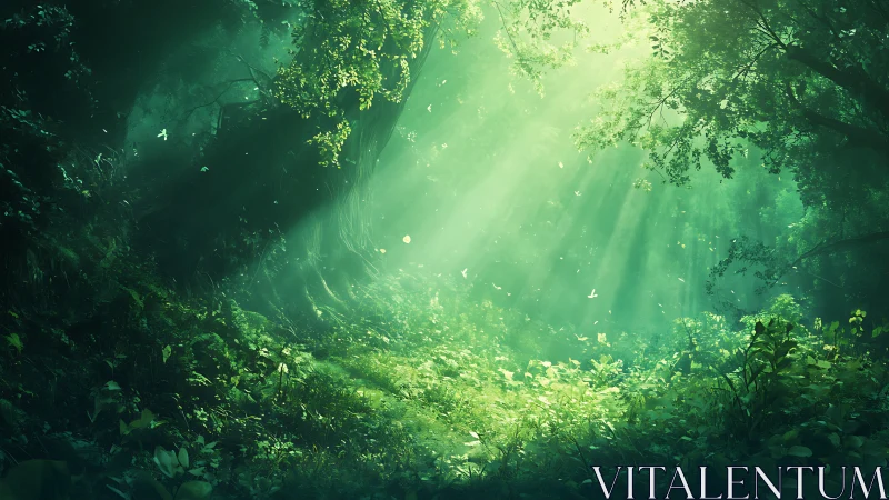 Ethereal Forest Canopy with Divine Luminescence and Atmospheric Particles.
