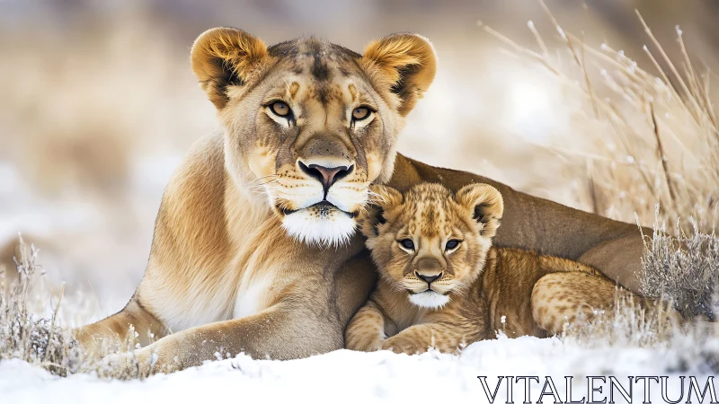 Lioness and cub resting in snow-covered terrain with golden hour lighting.