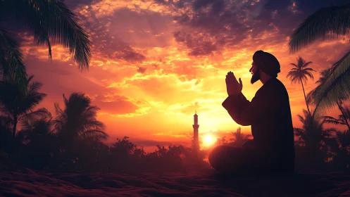 Silhouetted supplicant at tropical dusk with volumetric skylight.