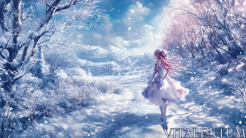 Girl with pink hair walks through luminous winter forest