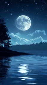 Full moon over calm forest lake under clear night sky.