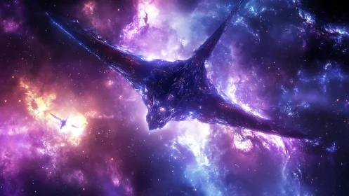 Alien starship drifts through glowing purple nebula field.