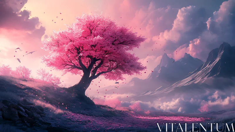 Pink blossom tree in glowing fantasy mountain valley scene.