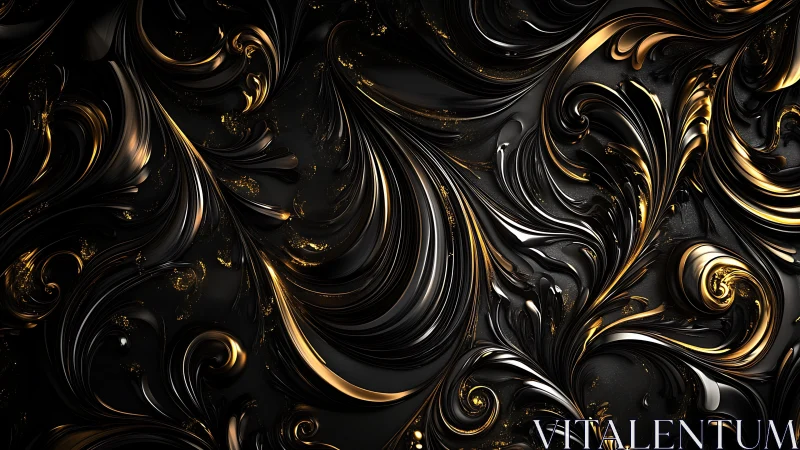 3D baroque metallic scrollwork with fluid black and gold forms.