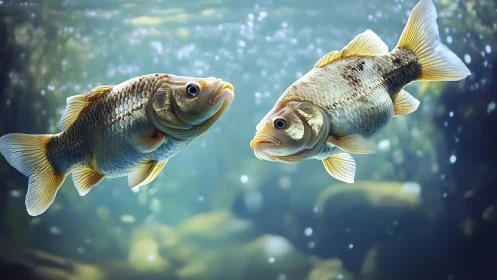 Two puzzled carp trade gossip in sun-dappled river light