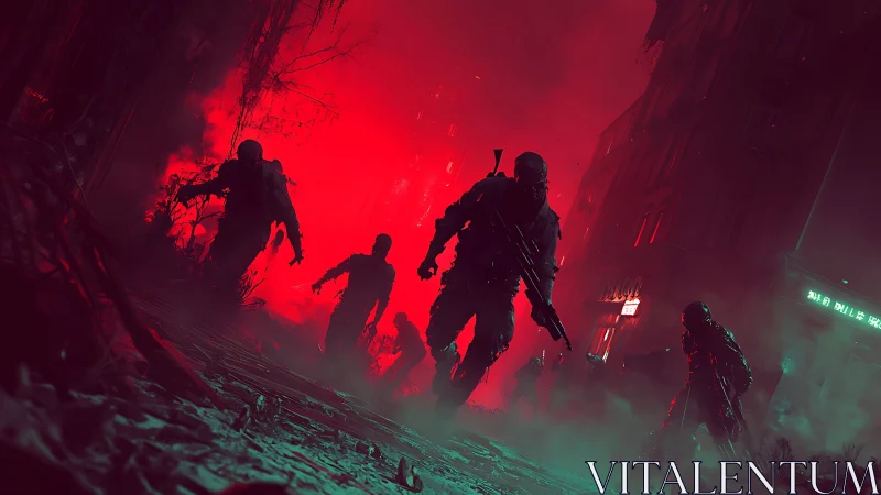 Armed soldiers advance through neon red war-torn streets at night