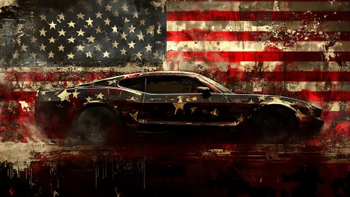 American muscle car against distressed US flag backdrop.