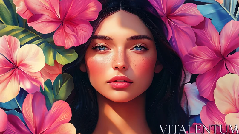 Hyperreal digital portrait integrates floral bokeh and soft subsurface skin