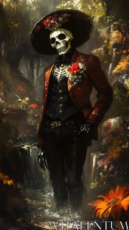 Skeleton figure in formal attire stands in shallow forest stream