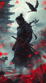 Solitary samurai walks through crimson storm of leaves.