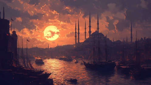 Sunset sails and glowing minarets over a storied harbor.