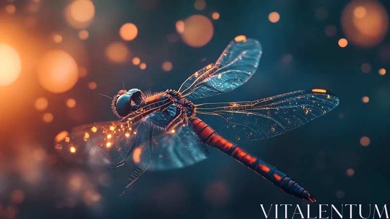 Iridescent dragonfly macro with bokeh and rim lighting.