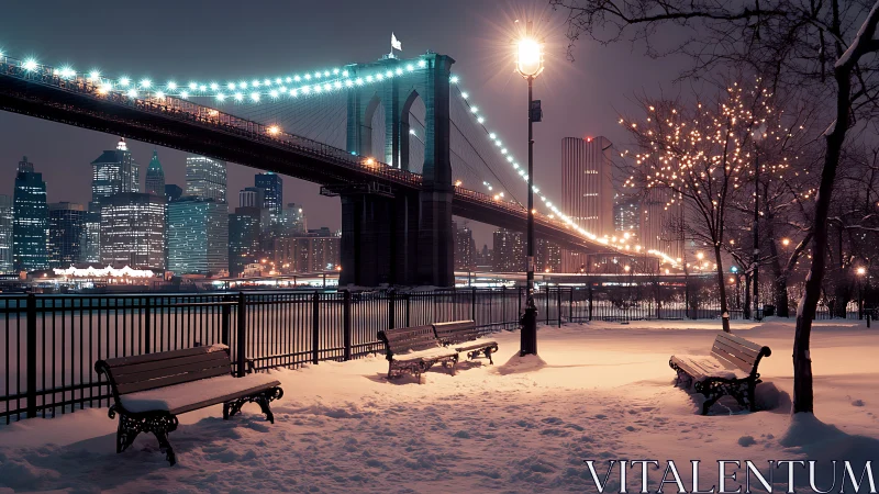 Snow-covered riverside park frames illuminated city bridge