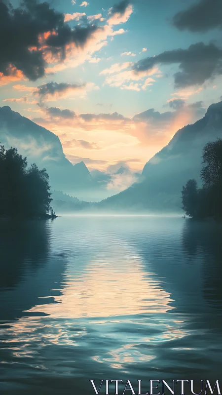 Serene mountain lake at sunrise with soft sky reflection.