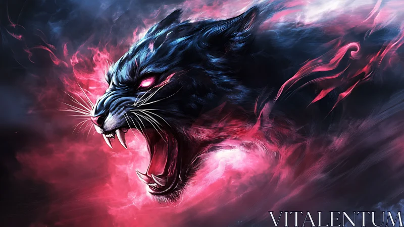 Roaring neon panther erupts from swirling pink and shadowed mist