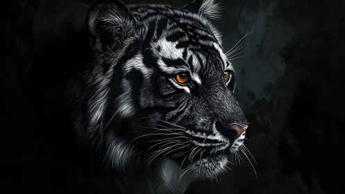 Midnight tiger gaze carved from light in shadowed silence.