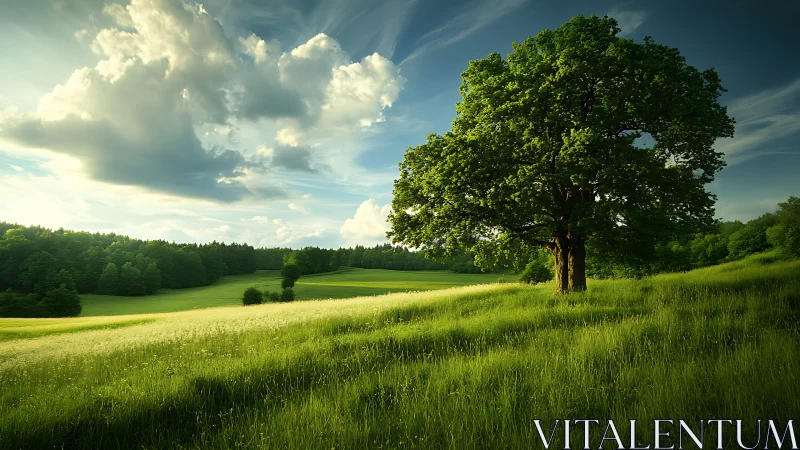 Lone meadow guardian tree basking in honeyed summer light.