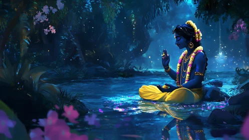 Blue-skinned deity meditates by moonlit forest stream.