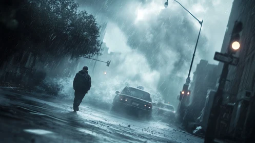 Lone figure walks through storm-lashed city street at dusk