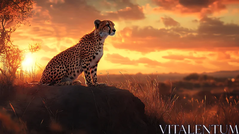 Sunset-lit cheetah crowns a fiery savanna with quiet grace