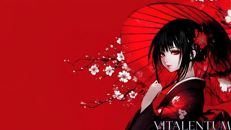 Red kimono girl with umbrella and cherry blossoms illustration.