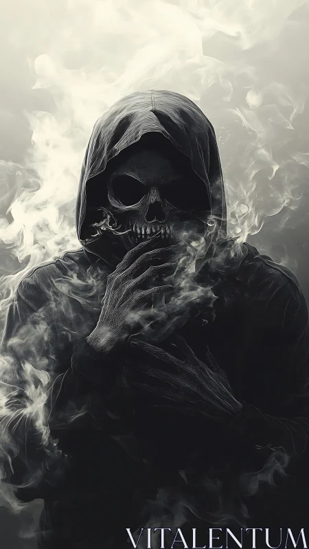 Hooded skeletal figure emerges from swirling ethereal smoke