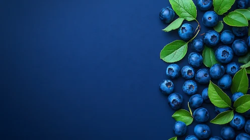 Fresh blueberries with green leaves on deep blue background.
