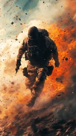 Soldier running through fiery battlefield explosion scene.