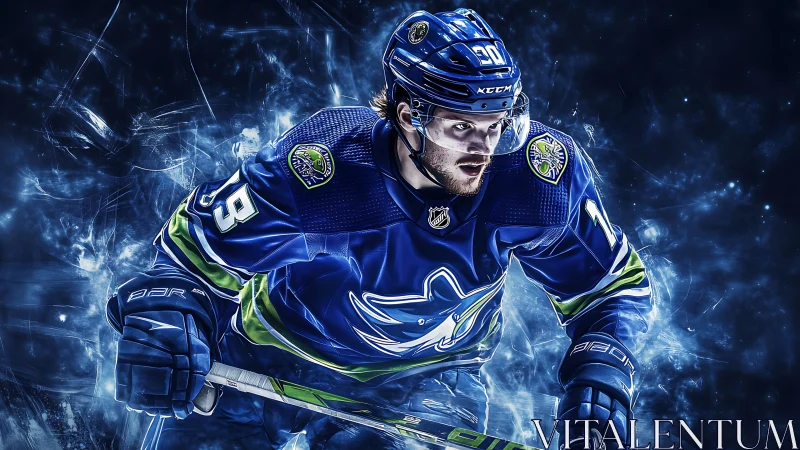 Intense ice hockey player in blue jersey on glowing rink.