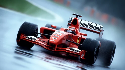 Red Formula 1 car powers through wet racetrack in motion.