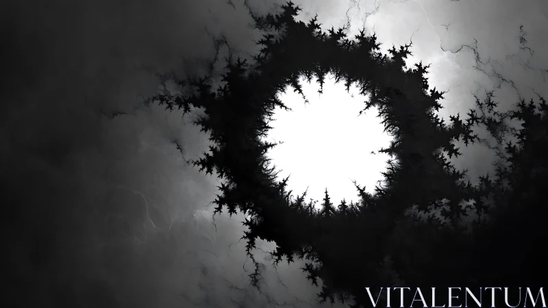 Monochrome fractal vortex encircling radiant central void.