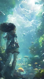 Girl explorer drifting through radiant underwater world.