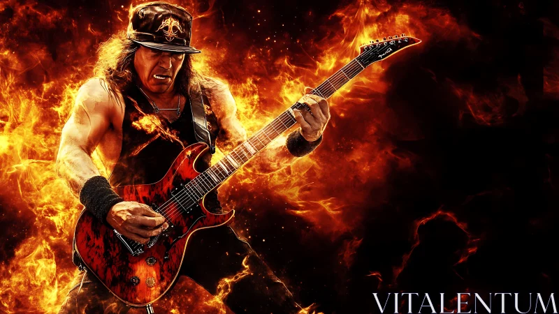 Guitar warrior forges molten riffs inside a roaring firestorm
