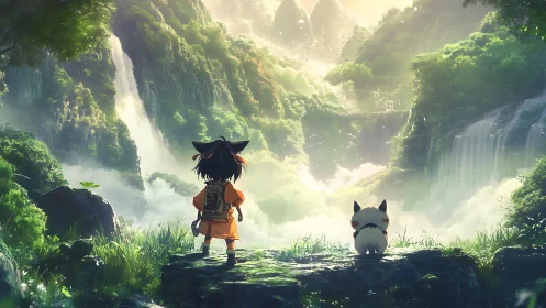 Child and animal observe mist-covered valley with waterfalls