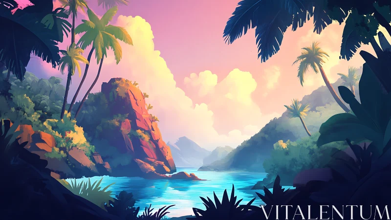 Tropical lagoon landscape with palm fronds and rocky formations