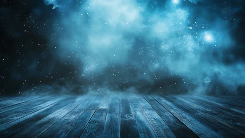 Wooden floor foreground under blue starry space sky.