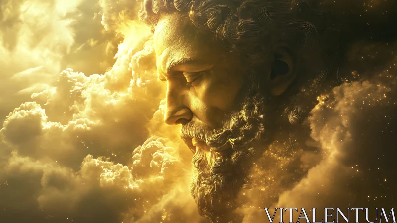 Luminous celestial profile of a mythic bearded titan in clouds.