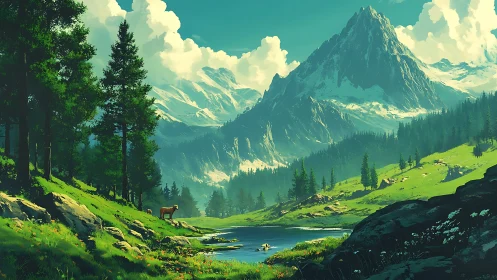 Mountain valley landscape shows river, forest, and grazing animal