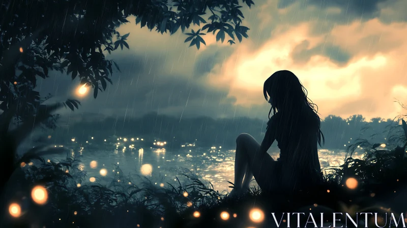 Digital painting of girl by rainy lakeside under glowing sky.
