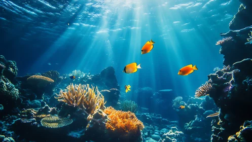 Sunlit reef ballet where golden fish drift through sapphire beams.