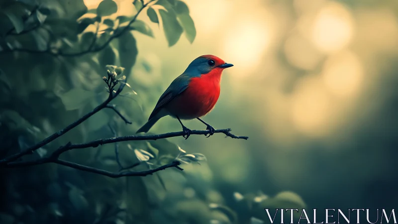 Vibrant red bird perched on branch in dreamy bokeh forest setting.