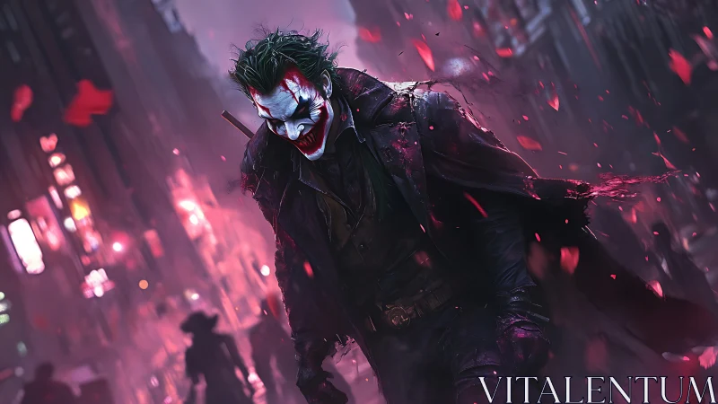 Laughing stormwalker in a neon-scarlet city downpour.