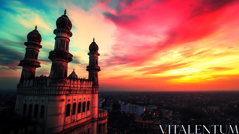 Historic minaret tower over dense city at vivid sunset sky.