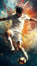 Electric soccer kick exploding through swirling color storm.