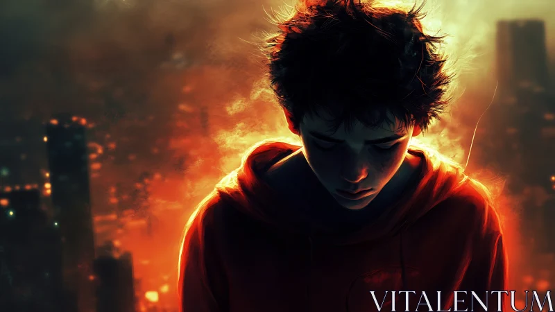 Solitary youth in orange hoodie against diffuse urban glow.