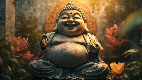 Smiling Buddha statue glows within lush lotus garden.