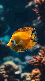 Orange reef fish in sharp lateral profile over blurred corals