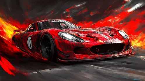 Red racing car in abstract flames on dark track background.