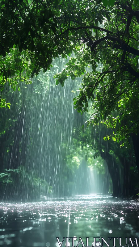 Rain cascading through emerald canopy over still water.