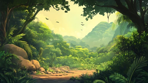 Lush Tropical Valley with Mountain Vista and Golden Light